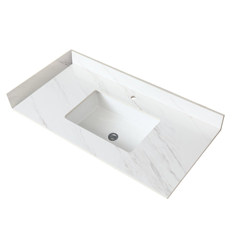 43" Bathroom Vanity Top In White Sintered Stone - Rectangular Sink, 4" Backsplash, Pre-Drilled Faucet Hole Classic Option 43 Inch Quality Assurance