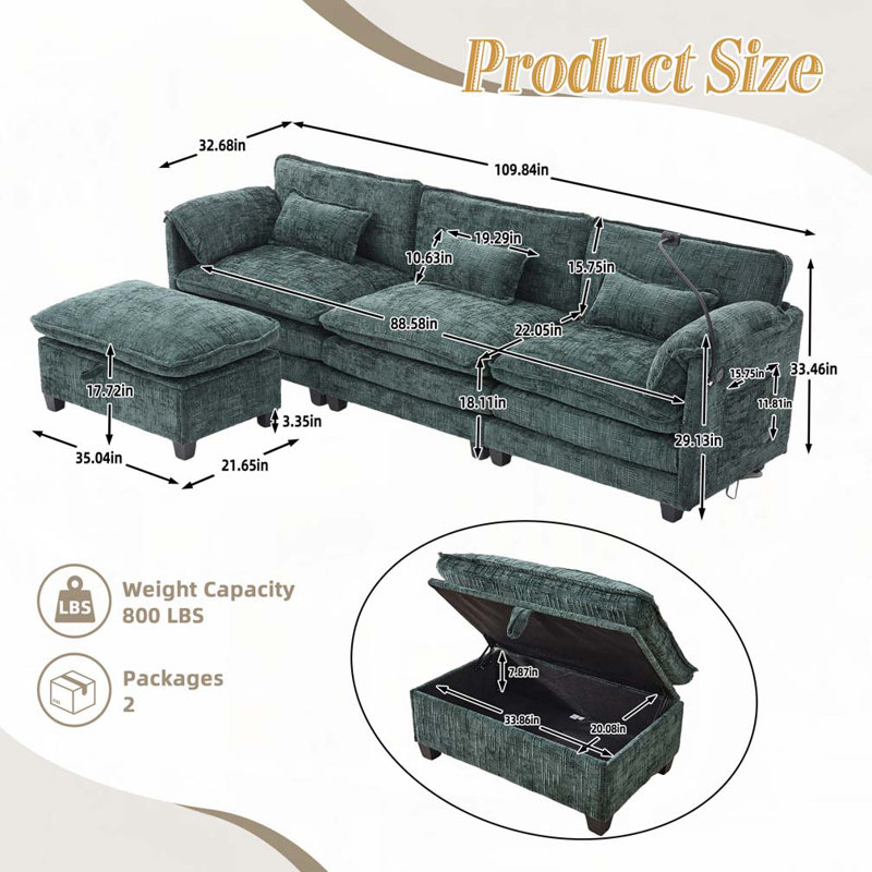 Canapé-lit modulaire en tissu chenille de 109,84 po avec repose-pieds de rangement mobile, support pour téléphone, port de charge USB