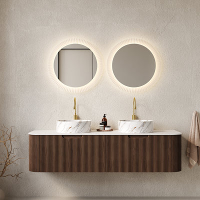60" Bathroom Vanity with Sinks, Wall-Mounted Curved Edges Striped Bathroom Storage Cabinet with 2 Drawers, 2 White Ceramic Basins with Stone Pattern, Pre-assembled
