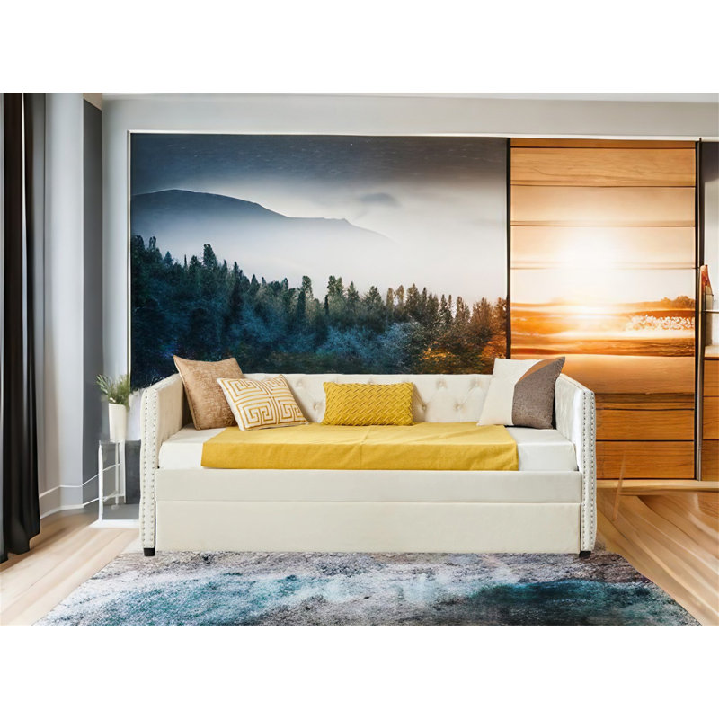 Leandra Upholstered Daybed, Twin, Beige, Trundle Included