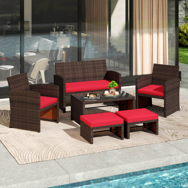 Ensemble de 6 meubles de patio avec 1 causeuse, 1 table basse, 2 fauteuils et 2 repose-pieds rouges, Rouge, Brun