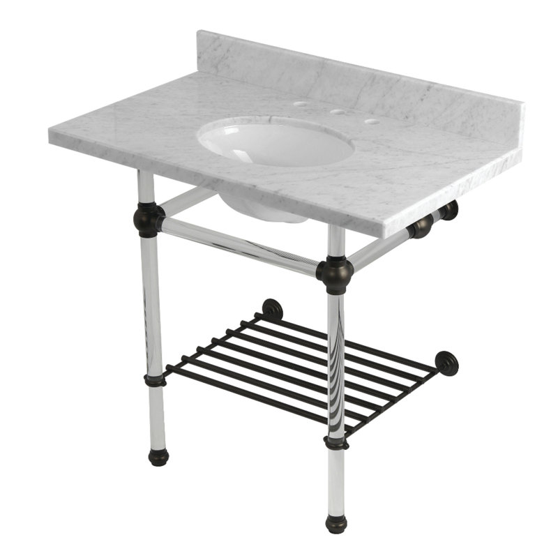 Kingston Brass Templeton 36-Inch Carrara Marble Console Sink with Acrylic Legs and Shelf (8-Inch, 3-Hole)