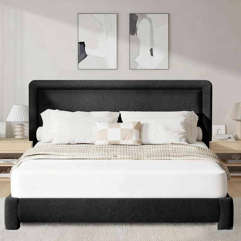Boucle Upholstered Bed Frame  Soft Rounded Corners Headboard Low Profile Bed Frame No Box Spring Needed, Queen, Black