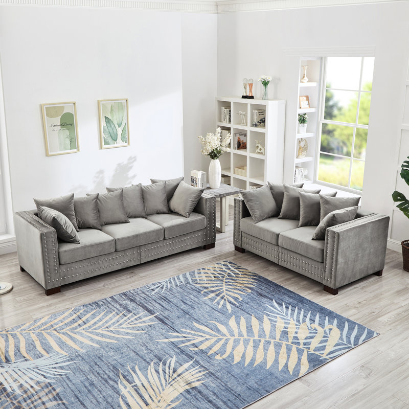 Décoration moderne en velours 2 + 3 places gris avec accoudoirs carrés et clous argentés, assise confortable à ressorts, housses de coussin amovibles, rangement sous le siège, 5 coussins rembourrés faciles à assembler, uni