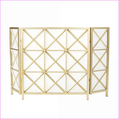 Fireplace Screens | Margaret 3-Panel X Pattern Iron Screen 30.25"H x 48.5"W | Gold | Iron