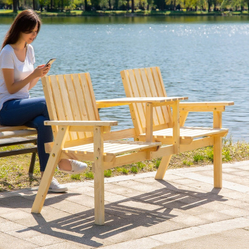 Bench With Table Set Patio Bench, Garden Bench With Middle Table And Umbrella Hole, Natural