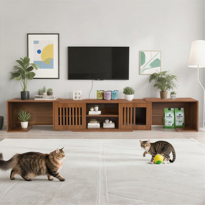 Meuble télé extensible de style Mid-Century moderne de 54,3 po (jusqu'à 100 po) avec chat et litière - centre de divertissement en bois de noyer, portes coulissantes, meubles pour animaux cachés