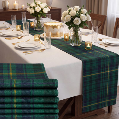 Table Runner 6 Pack 72 Inch, Vintage Green Plaid Polyester Linen Look Dining Decor for Party Kitchen