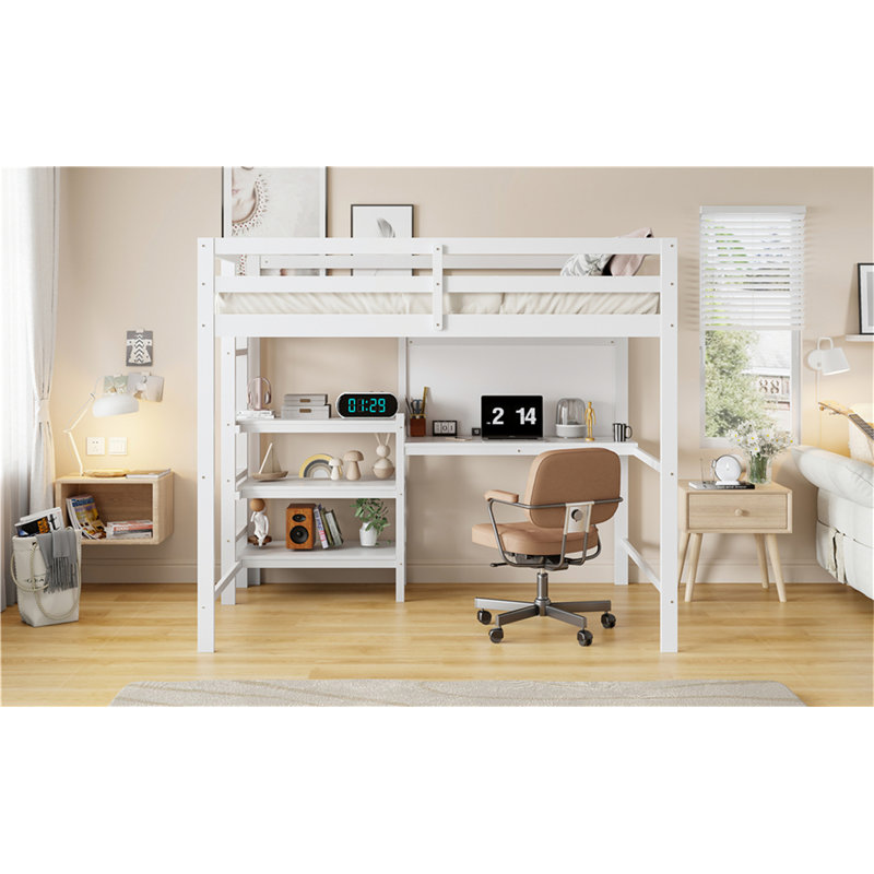 Lit mezzanine en bois avec tablettes, Lit simple