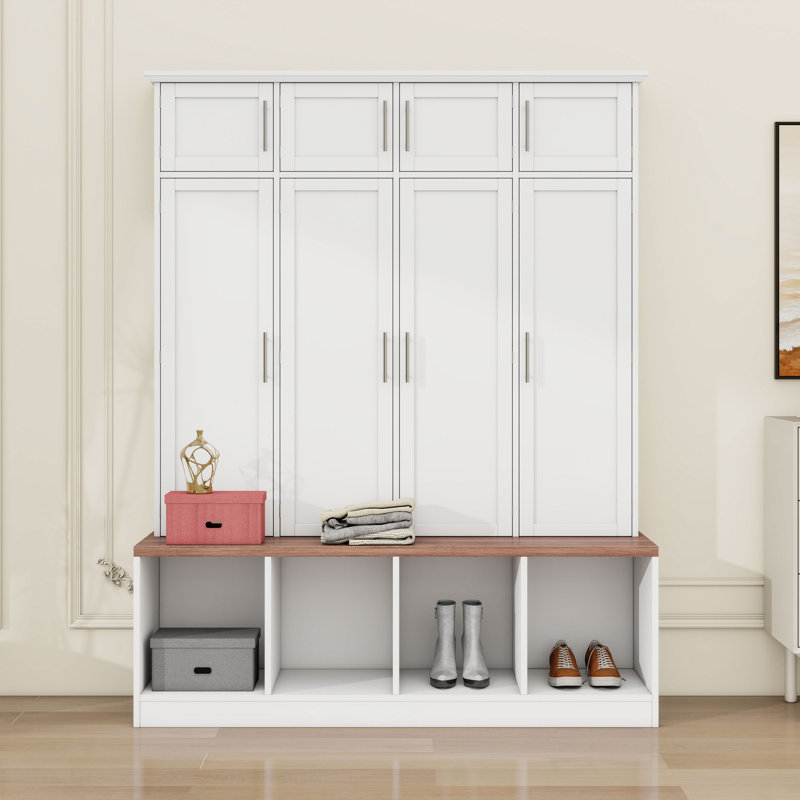 Classic 4-in-1 Entryway Hall Tree with Seating Bench, Shoe Storage, Hanging Hooks and Cabinets, White