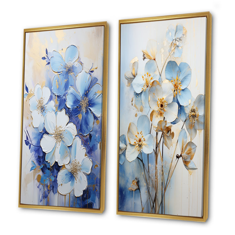 Ensemble de salon mural blanc et bleu Minimalisme Violets - Violets, Cadre flottant doré, H 40 po x l 41 po