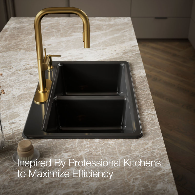 Riverby 33 In. Top-Mount Double-Bowl Kitchen Sink, Black, 4 hole, Double-equal bowls