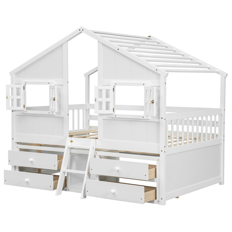 Lit mezzanine pleine grandeur en pin blanc avec 2 fenêtres, 4 tiroirs et un espace de rangement pour une bonne nuit de repos