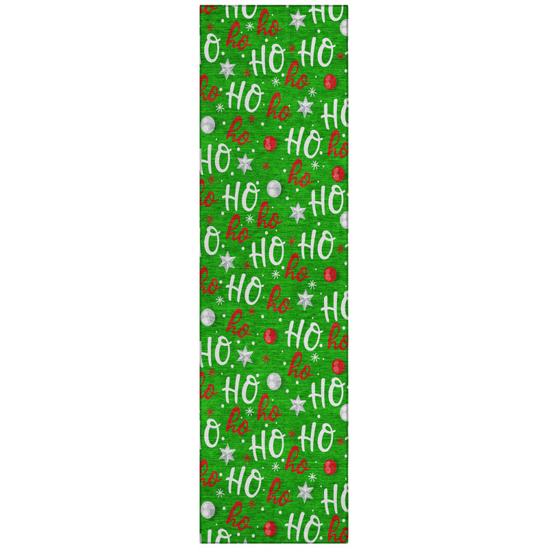 Machine Washable Indoor/Outdoor Snowflake Ho Ho Ho Xhevrie Green Rug, Runner 2'3" x 7'6"