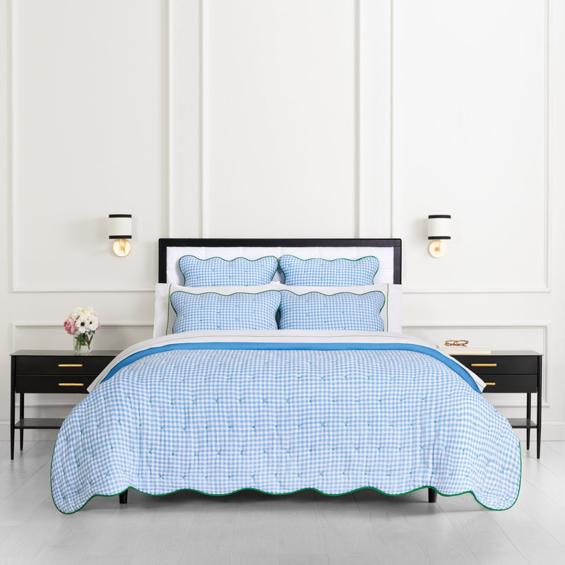 kate spade new york Joyful Gingham 3-Piece King Quilt Bedding Set, Poly-Cotton Blend Reversible Cover, All Season Warmth Bedding, Machine Washable, Windy Blue
