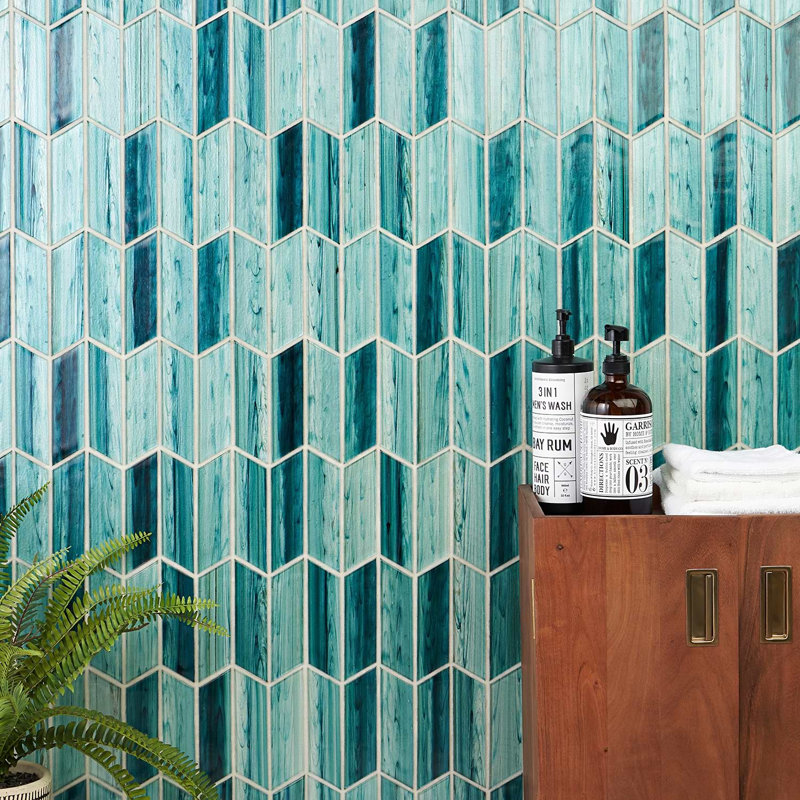 Maya 2x7 Chevron Polished Glass Mosaic Tile, Chevron Teal