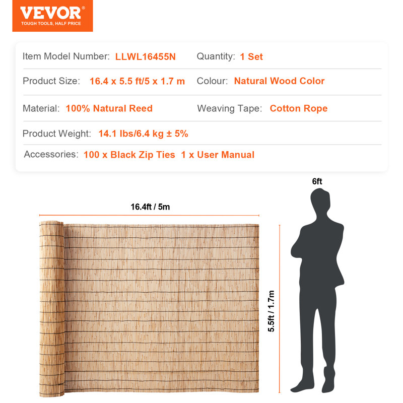 Pare-étincelles pour clôture intime VEVOR Reed, Brun orangé, 16,4 pi x 5,5 pi