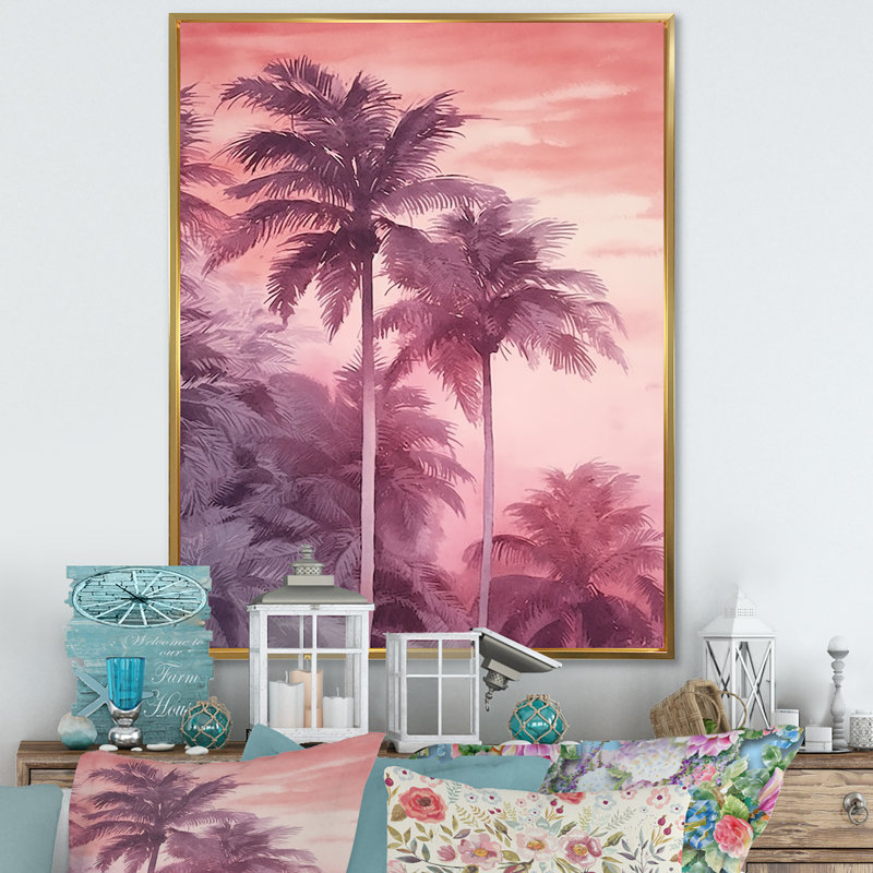 Palmiers roses rétro avec ombres II, H 20 po x l 12 po x P 1 po, Cadre flottant doré