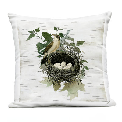 Vintage Bird Nest & Flora Design by Susan Arnot Outdoor Printed Pillow