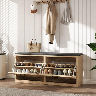 39.4" Shoe Storage Bench With Cushioned Seat & 2 Flip Drawers
