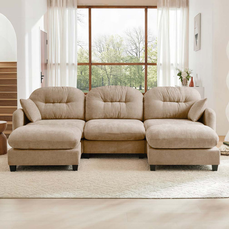 Canapé modulaire en chenille 3 places avec 2 coussins et 2 repose-pieds, Chameau