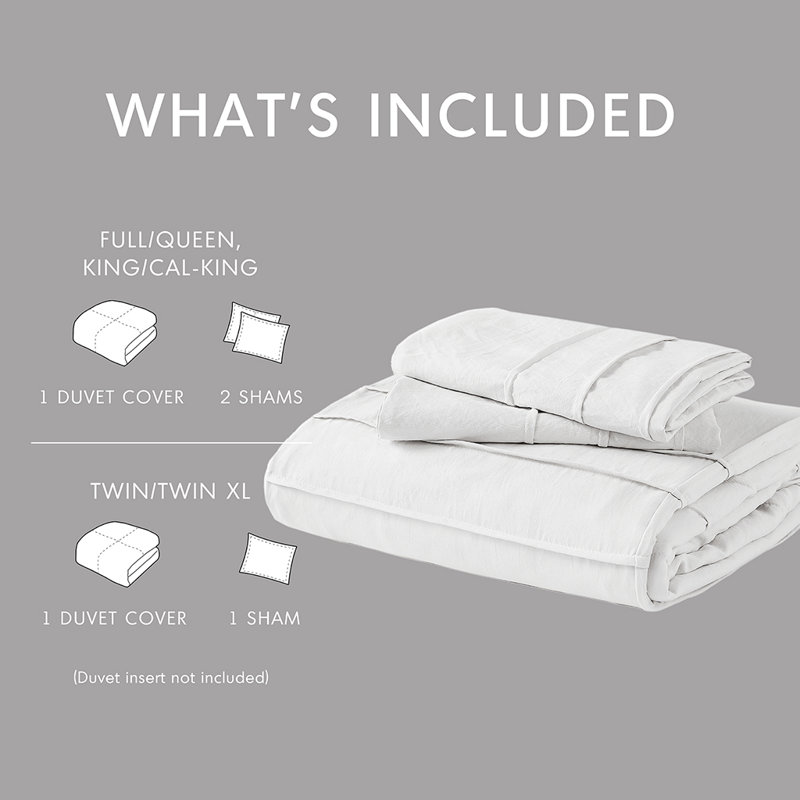 Harris Soft Washed Pinch Pleated Duvet Cover Set, Twin/Twin XL Duvet Cover + 1 Standard Sham, White