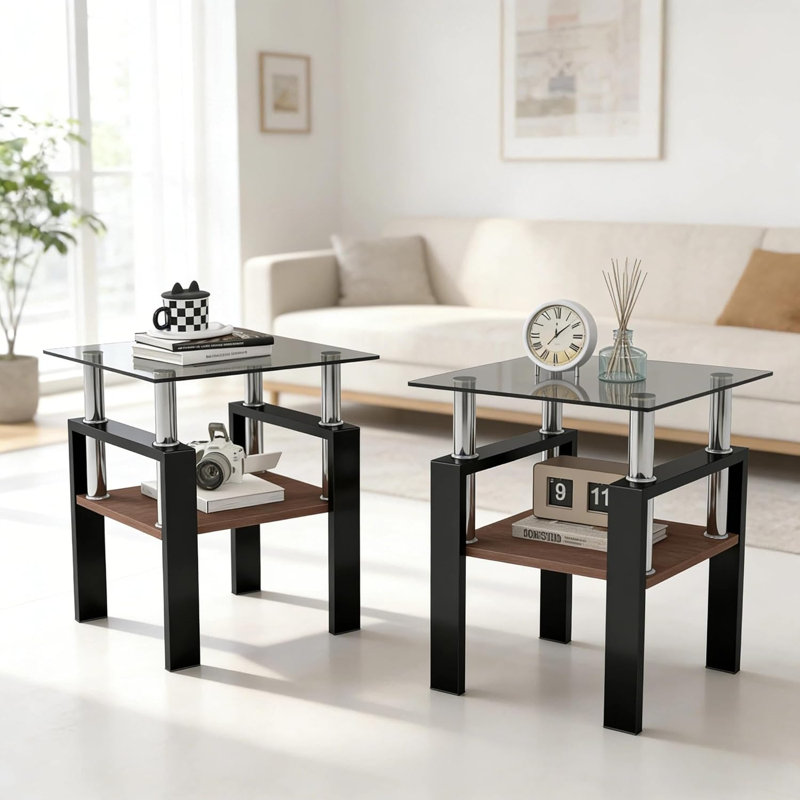 Ensemble de tables basses 3 pièces en verre trempé et bois d'ingénierie, gris et noir, Gris et noir