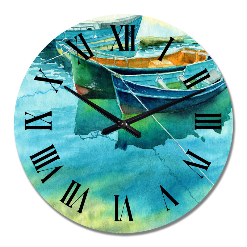 Bateaux de pêche à l'embarcadère - Horloge murale nautique et côtière, Surdimensionné