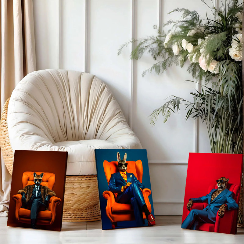 Ensemble de 3 affiches encadrées, portraits d'animaux modernes sur toile : renard, lapin et léopard élégants en costume, assis sur des fauteuils, sur des fonds colorés et vibrants. Décor contemporain pour salon, bureau ou chambre.