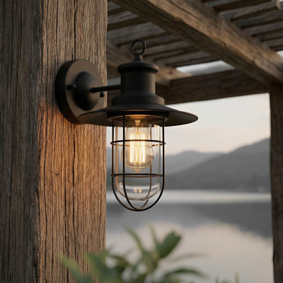 Industrial Outdoor Wall Light Black E27 Lantern Style Sconce 13 Inch/34cm for Porch and Entryway
