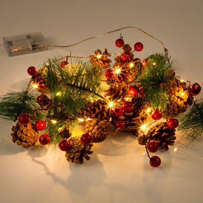 Guirlande de Noël 6,56 pi avec 20 lumières DEL, pommes de pin, clochettes rouges, aiguilles de pin et baies, guirlandes de cuivre à piles