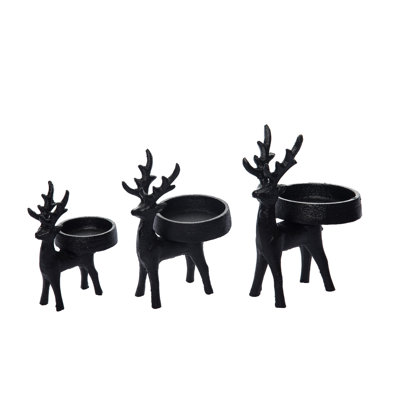 Union Rustic Metal 6.89 in. Black Christmas Matte Short Reindeer Candle Holder Set of 3