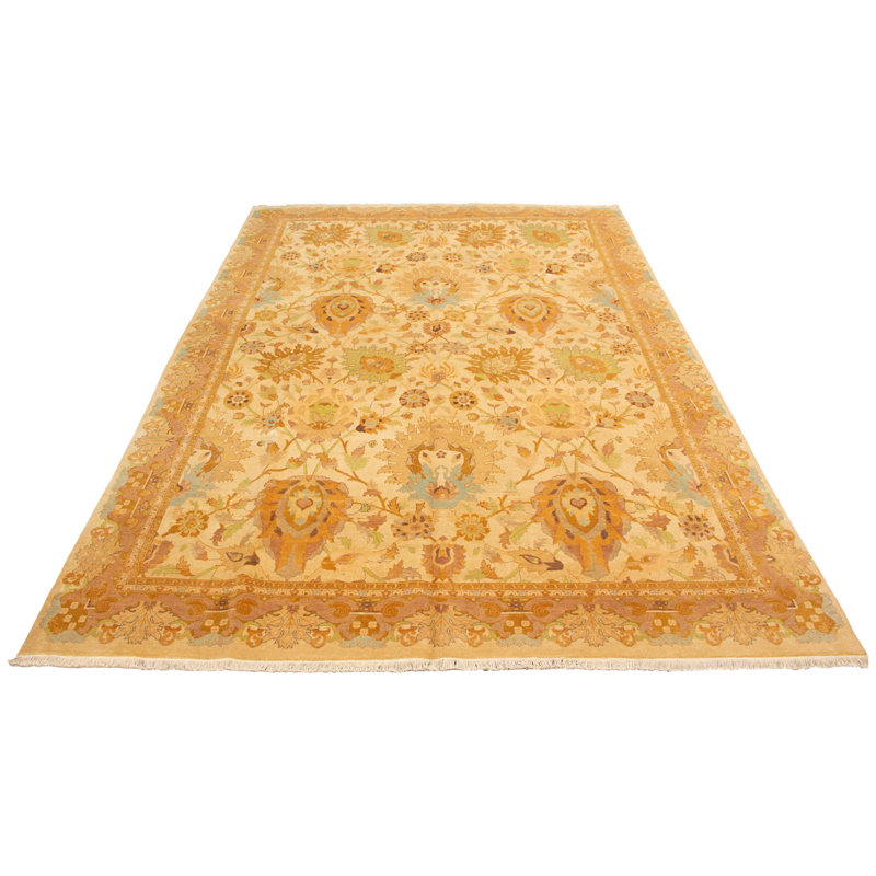 Tapis unique en laine noué à la main style nouvel âge Ushak 9 pi 10 po x 14 pi Ivoire Yaak