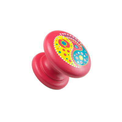Hand Painted 1-1/2" Diameter Pink and Yellow Paisley Round Wood Cabinet Knob