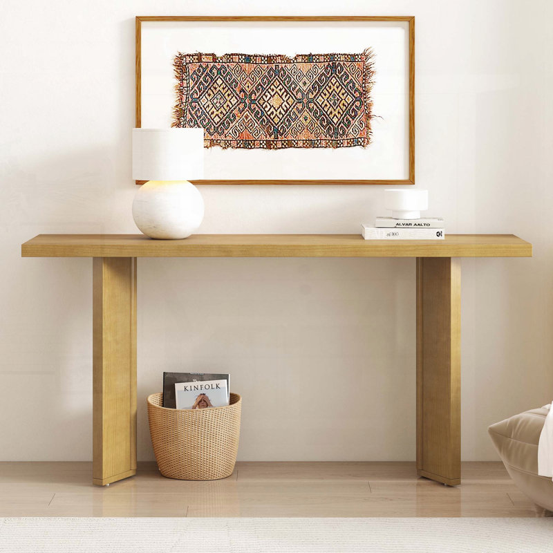 Élégante console avec placage de pin et pieds géométriques, Bois naturel