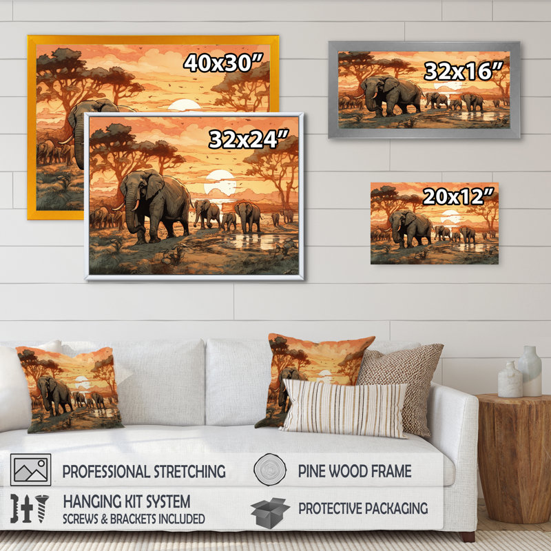 Safari orange orange avec éléphants I - impression, Cadre photo noir, H 12 po x l 20 po x P 1 po