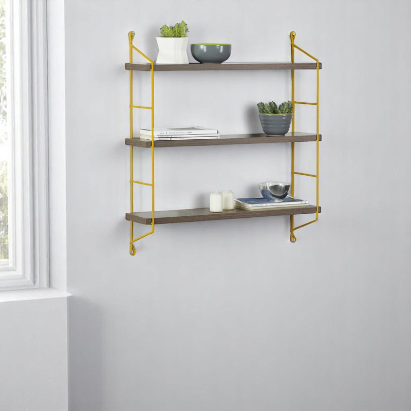 Wall Mounted Rustic Decorative Hanging Metal Bracket Triangle Shelf, Walnut