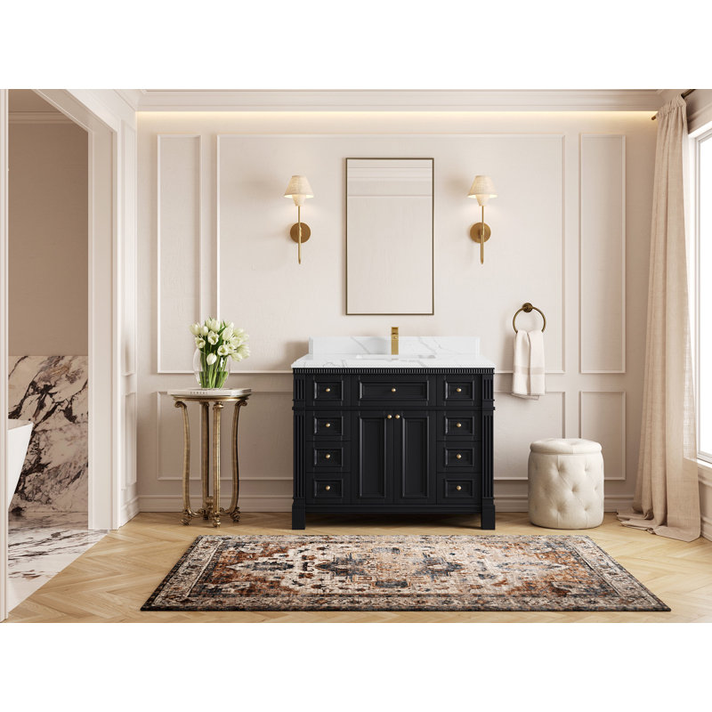 Lokshin X P 22 po Meuble-lavabo simple en D noir avec quartz Cove Edge, Calacatta Laza