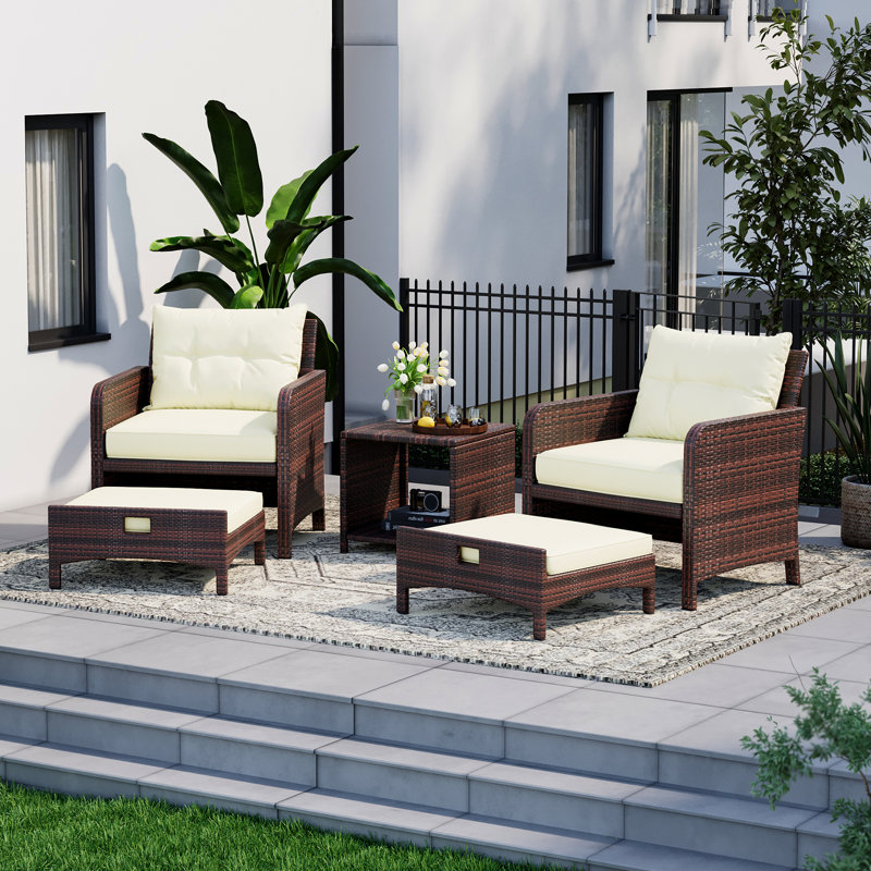 5-Piece Wicker Patio Conversation Set Outdoor Seating Group with Ottoman, Beige, Brown