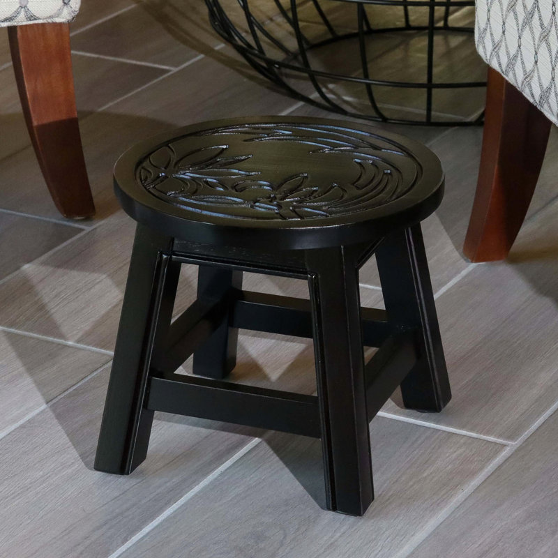 Carved Wooden Step Stool with Floral Motif, Espresso