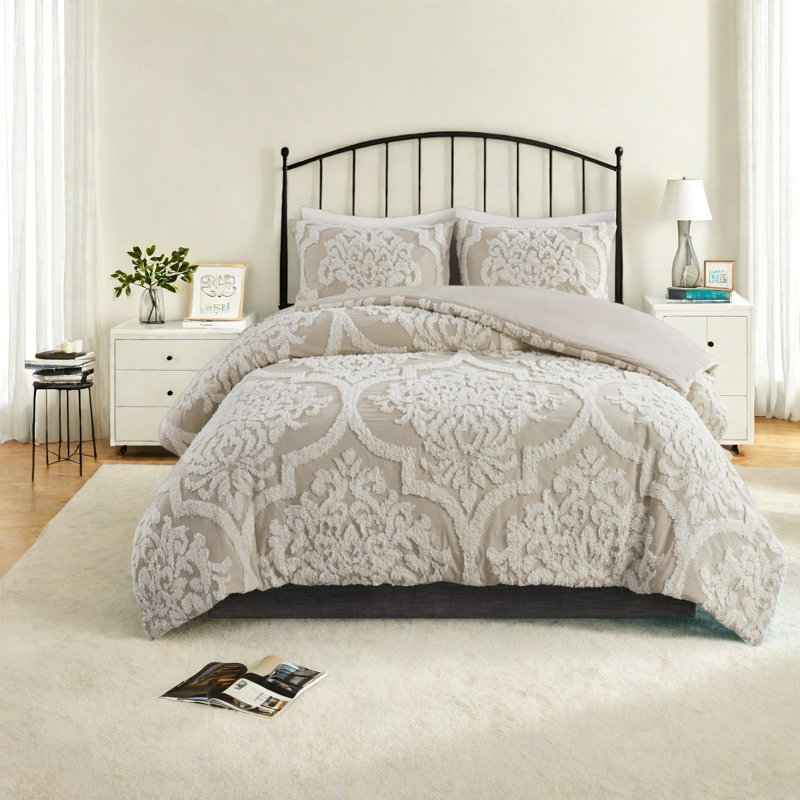 Elegant Chenille Bedding Sets, Taupe Cotton Comforter, Shabby Chic Style For Home