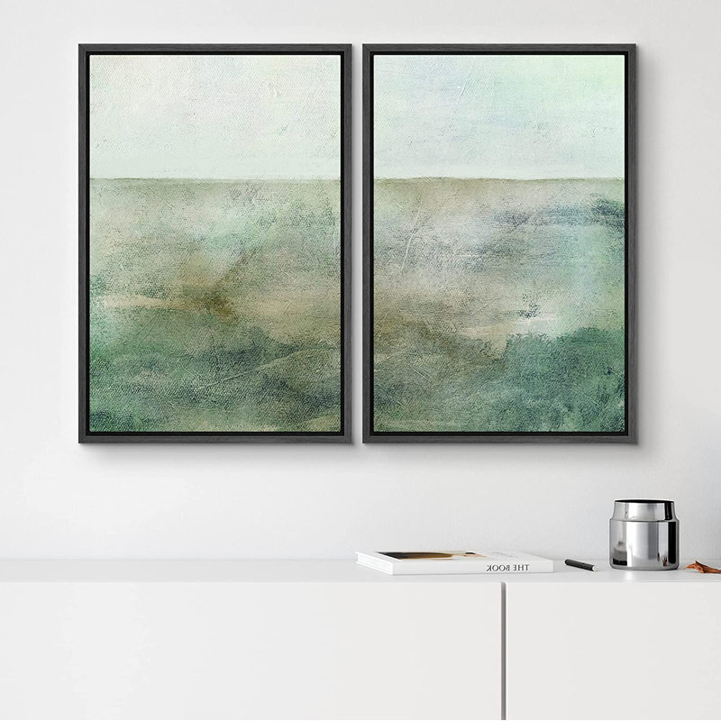 «Pastel Teal Green Landscape Abstract Shapes Modern Art Decor», encadrée sur toile, Cadre noir, L 32 po x H 24 po