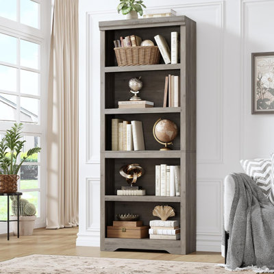 Bibliothèque de 69 po de hauteur à 5 niveaux 69 po, tablette de rangement en bois de 23,6 po de largeur avec tablettes réglables, panneau de fibres à densité moyenne robuste et conception anti-basculement sécuritaire pour la chambre à coucher, le salon et le bureau personnel, gris
