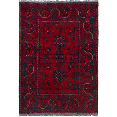 Tapis de zone en laine rouge 3 pi 4 po x 4 pi 10 po one-of-kind à la main noué la Kaler