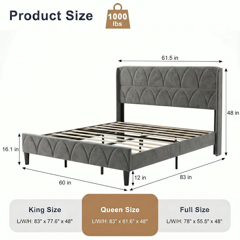Modern Elegant Upholstered Bed, Gray, Queen