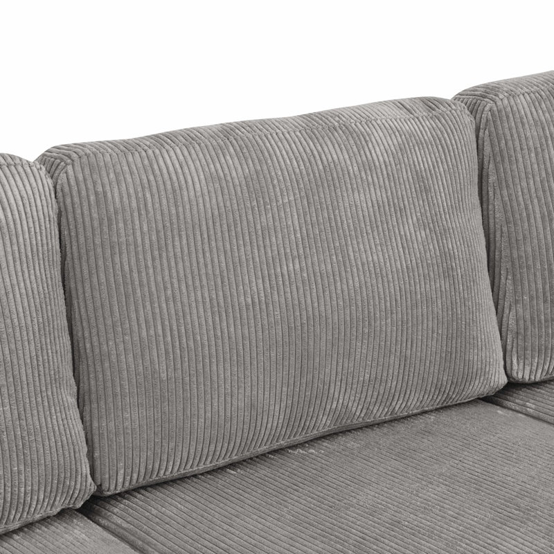 Corduroy Upholstered Sectional With Wooden Legs & Toss Pillows, Dark Gray Corduroy