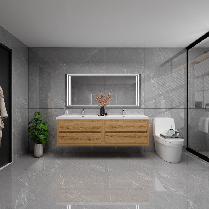Castanea 70.9 " W Wall Mounted Wall Mounted 2 Double Vanity Bathroom Vanity With Acrylic Top, Yellow Wood