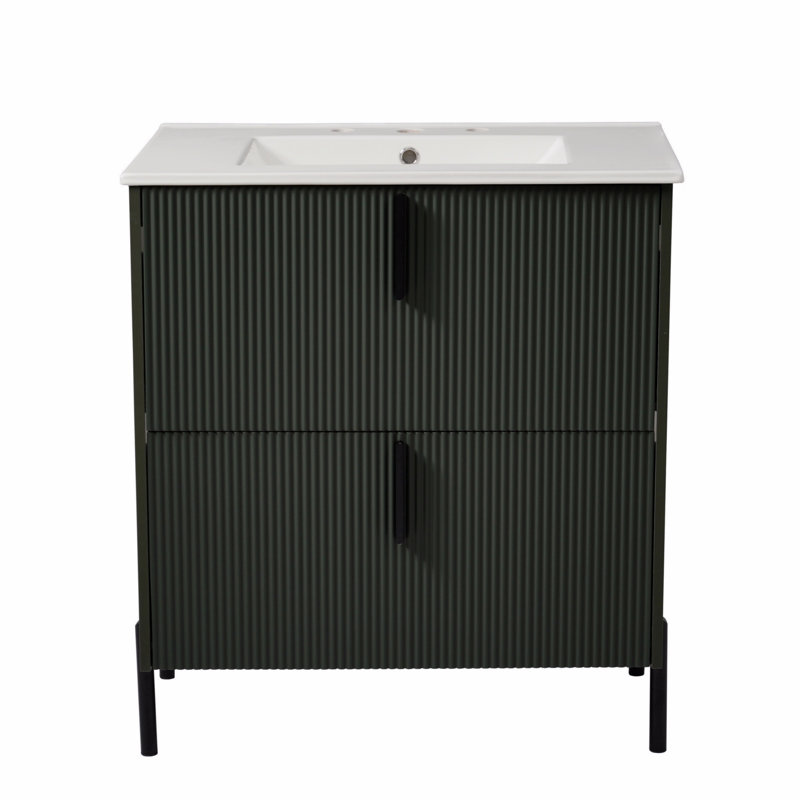 30" Bathroom Vanity With Ceramic Sink And Full-Extension Drawers, Soft Close Undermount Drawer Slides, Fluted Design, Green