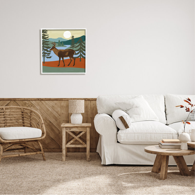 «Lakeside Mountain Peaks Forest Deer Walking» par Victoria Barnes - Peinture, H 24 po x l 24 po x P 1,5 po