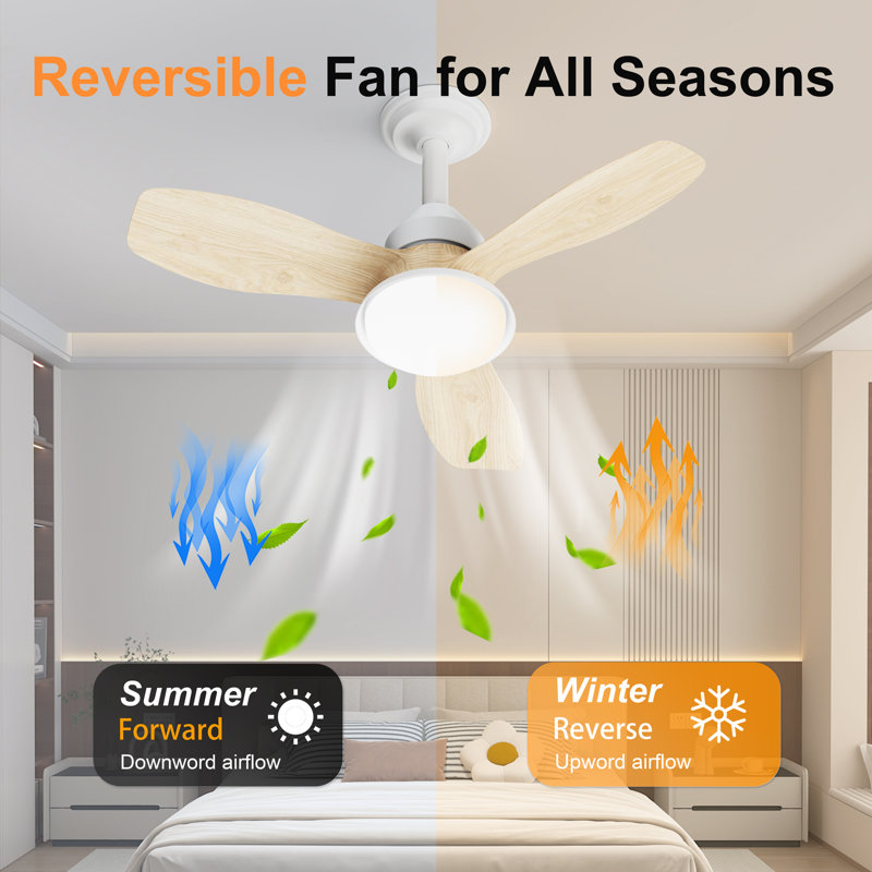 Ventilateur de plafond 24,4 po avec finition en bois avec lumière, 3 pales en ABS, moteur CC réversible à 6 vitesses, DEL à intensité variable 3000K-6500K, APP et télécommande, ventilateur encastré pour patio de salon de chambre à coucher